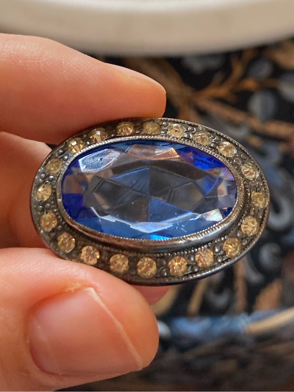 Antique Victorian Faceted Blue Glass Clear Paste C-Clasp Brooch (Needs Repair)